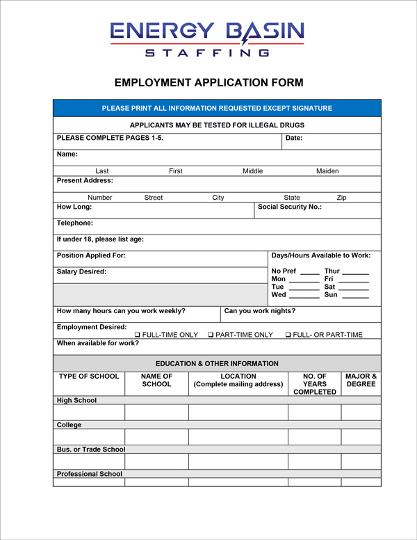 Energy Basin Staffing Job Application